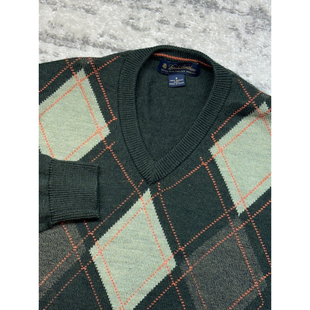 Brooks Brothers Sweater mens S Argyle Extra Fine Merino Wool‎ V-Neck Pullover